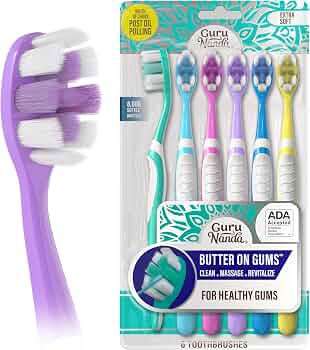 GuruNanda Butter On Gums Toothbrush, ADA Accepted Manual Toothbrushes with 8000+ Ultra Soft Softex Bristles for Sensitive &amp; Receding Gums, Perfect for Whiter Teeth, Assorted Colors, 6 Ct